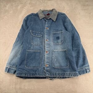 VTG 90s Big Ben Denim Chore Jacket Mens L Blue Corduroy Collar Utility Workwear